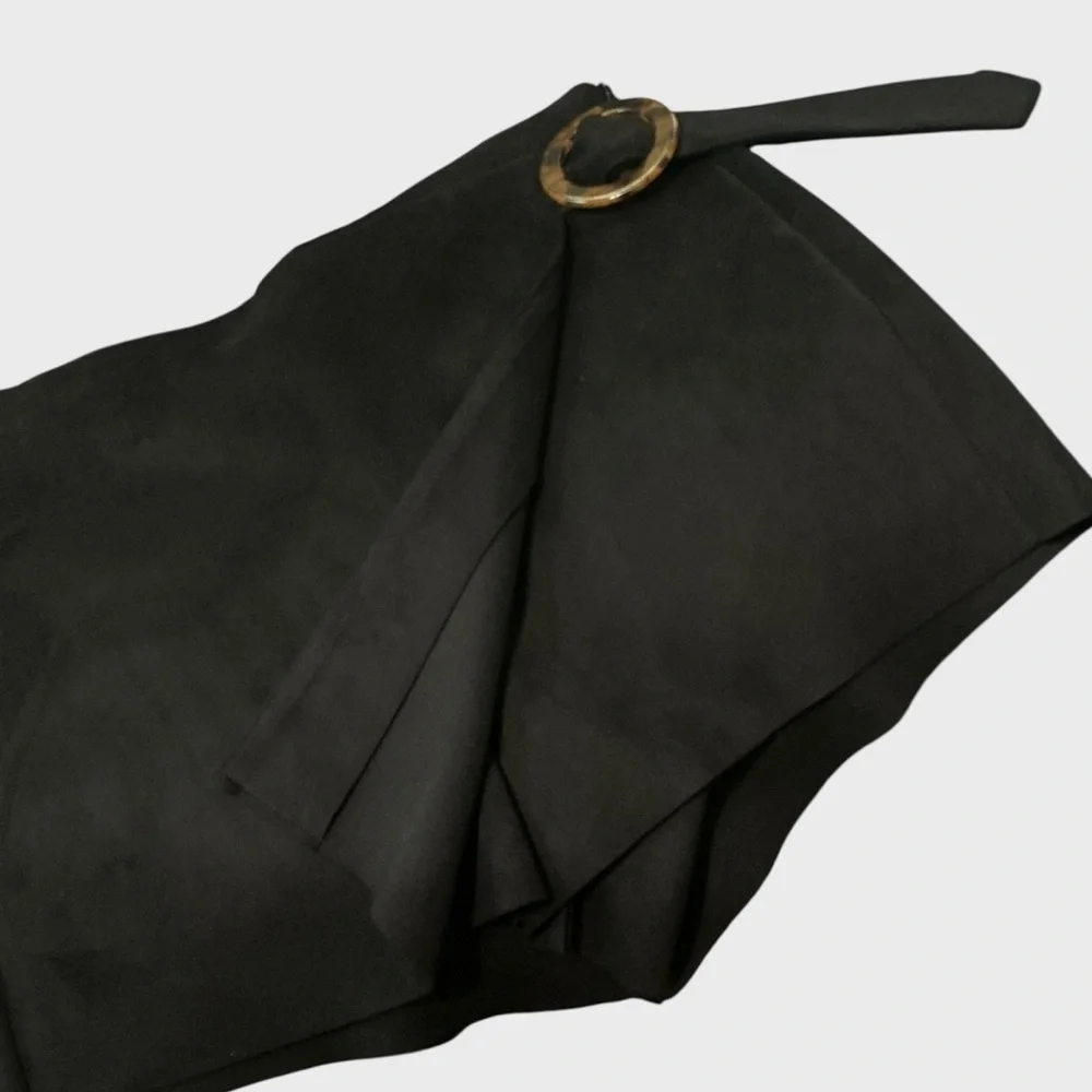 ZARA Black Faux Suede Wrap Skort Tortoise Ring Buckle Large